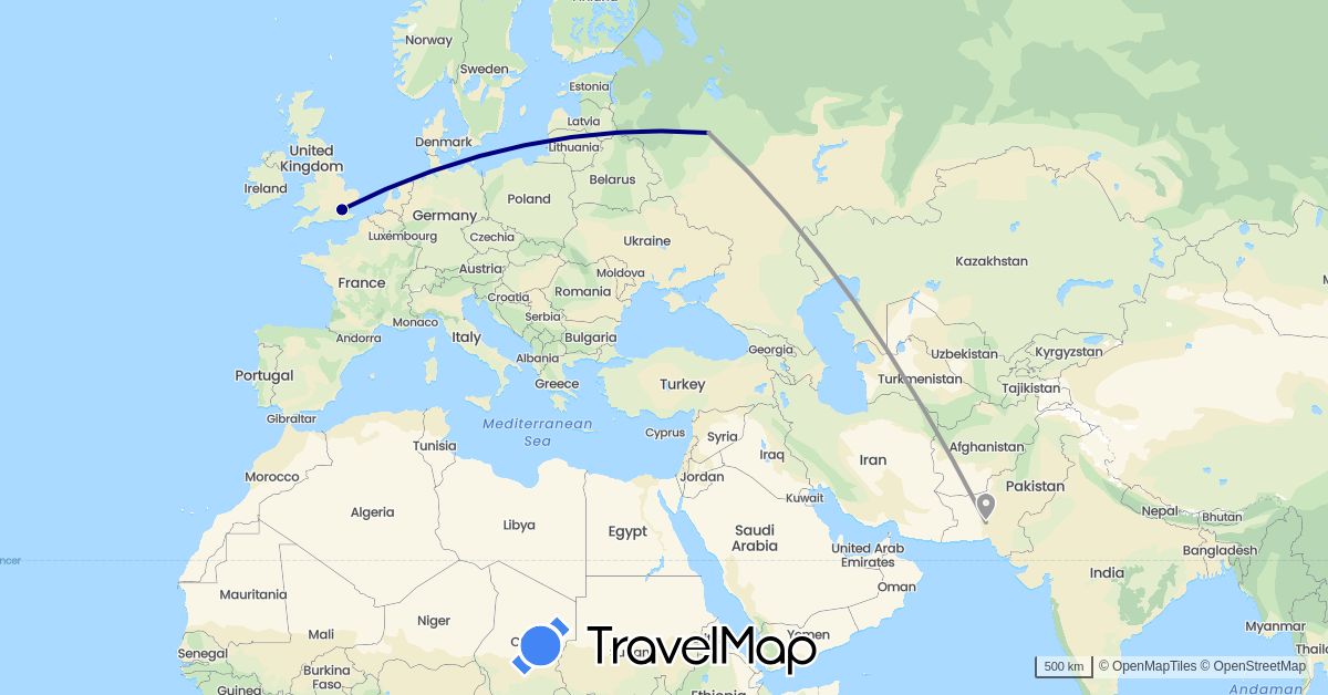 TravelMap itinerary: driving, plane in United Kingdom, Pakistan, Russia (Asia, Europe)